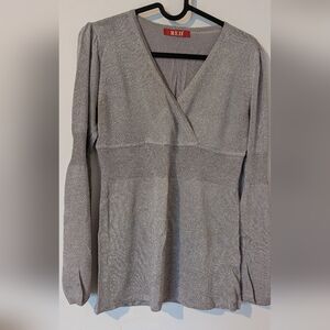 Silver Metallic V-Neck Long Sleeve Sweater Dress